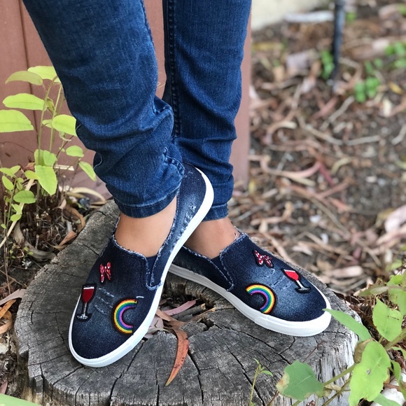 DENIM  DISTRESSED 🌈 RAINBOW MINI SLIP ON SNEAKERS - Picture 6 of 8